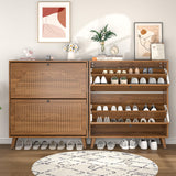 Fsbecl Shoe Storage Cabinet for Entryway with 2 Flip Drawers, Narrow Wood Shoe Cabinet with Fluted Panel, Freestanding Hidden Shoe Organizer for Foyer, Hallway (Walnut) Fsbecl