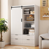 cloblane Wardrobe Closet with Sliding Barn Door, Tall Wooden Freestanding Armoire Wardrobe Closet Cabinet with 4 Drawers, Open Shelves and Hanging Rod, Clothes Organizer Cabinet for Bedroom, White cloblane