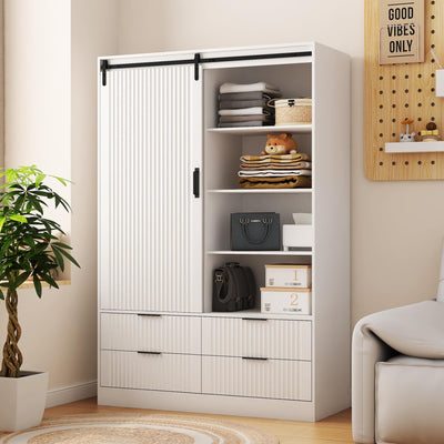 cloblane Wardrobe Closet with Sliding Barn Door, Tall Wooden Freestanding Armoire Wardrobe Closet Cabinet with 4 Drawers, Open Shelves and Hanging Rod, Clothes Organizer Cabinet for Bedroom, White