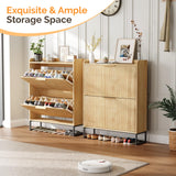 VINGLI Fluted Shoe Cabinet Storage for Entryway,Hidden Shoes Storage Cabinet with 2 Flip Drawers, Mid Century Modern Shoe Rack Organizer,Free Standing Shoes Organizer for Hallway(Natural Oak) VINGLI