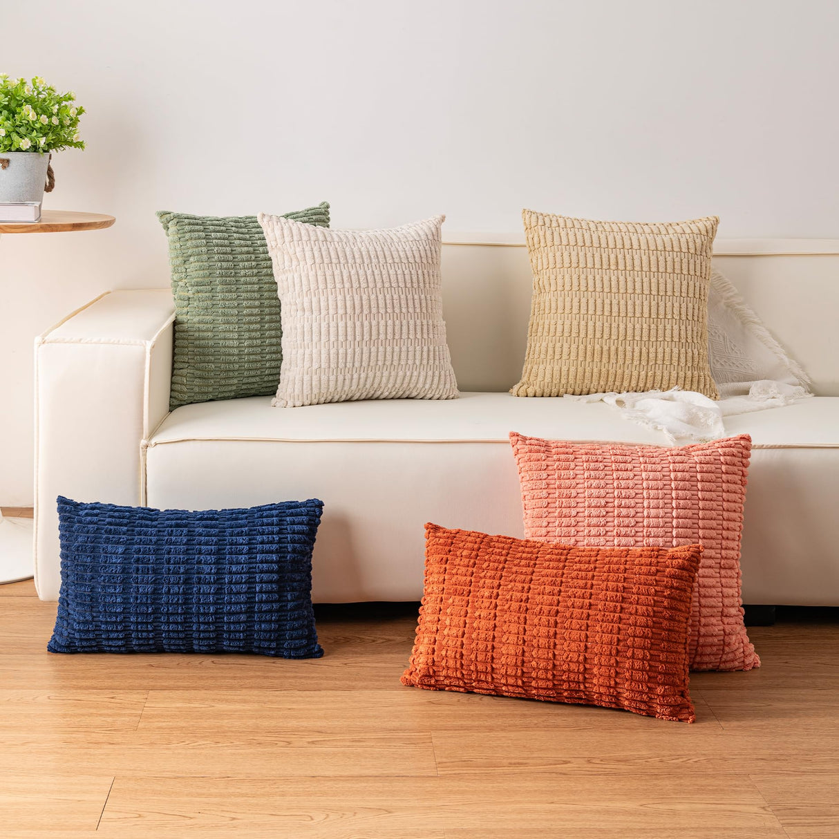 Aegero Pack of 2 Corduroy Decorative Throw Pillow Covers 18x18 Inch Soft Striped Pillow Covers Modern Farmhouse Home Decor for Sofa Living Room Couch Bed(Cream White) Aegero