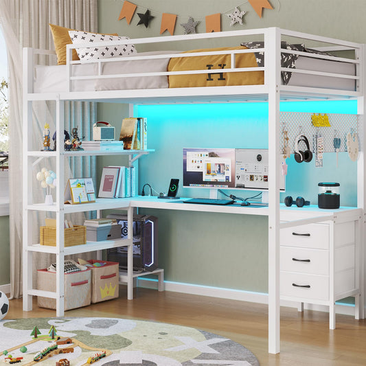 ADORNEVE Loft Bed Twin Size with L-Shaped Desk, LED Lights,Charging Station,Twin Metal Loft Bed with Desk, Fabric Drawers & Shelves, 13.4" H Safety Guard, No Box Spring Needed,White