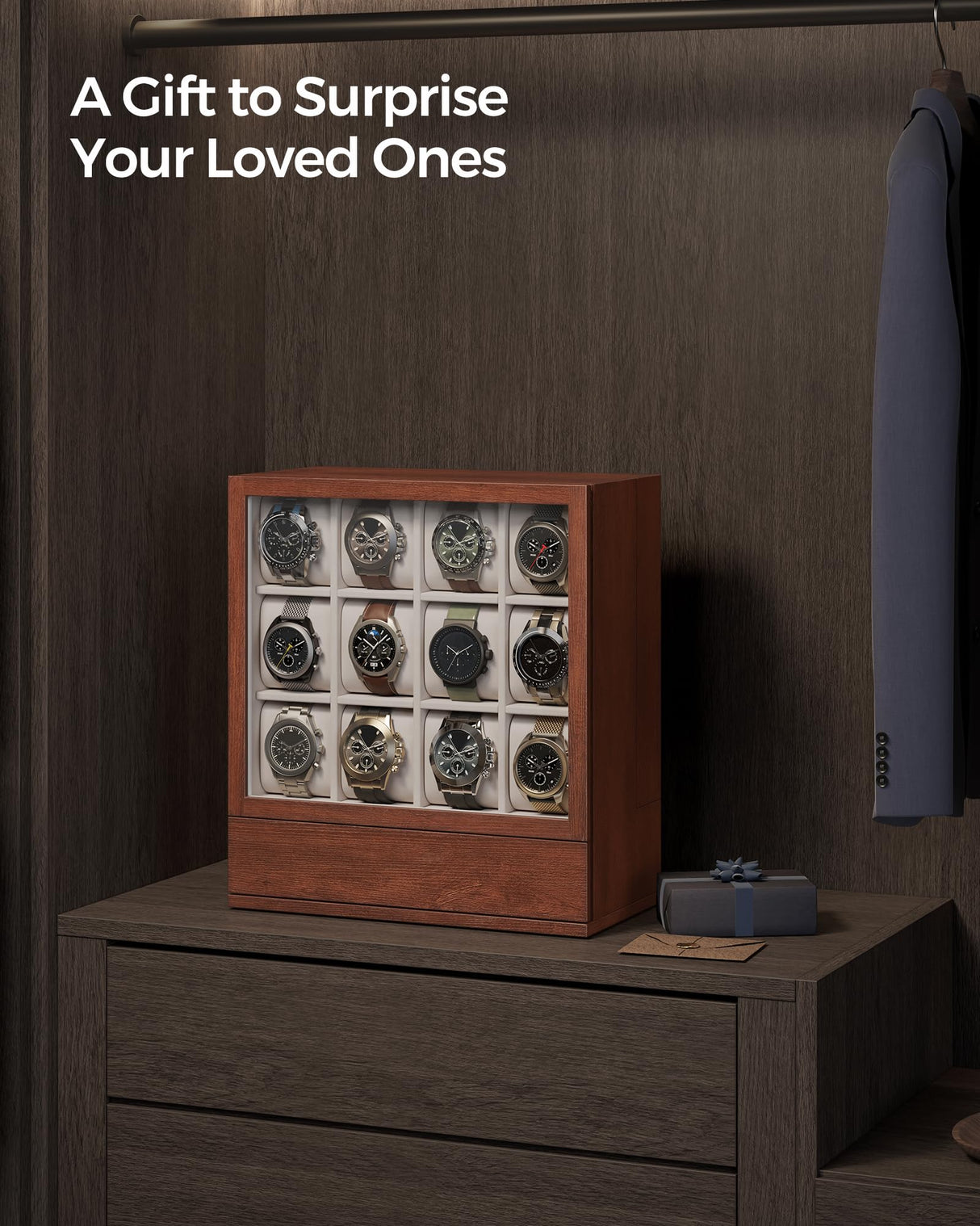 SONGMICS 12-Slot Wooden Watch Box, Watch Display Case with Window, Watch Display Cabinet with Solid Wood Veneer, Velvet Lining, Vertical Storage, SONGMICS