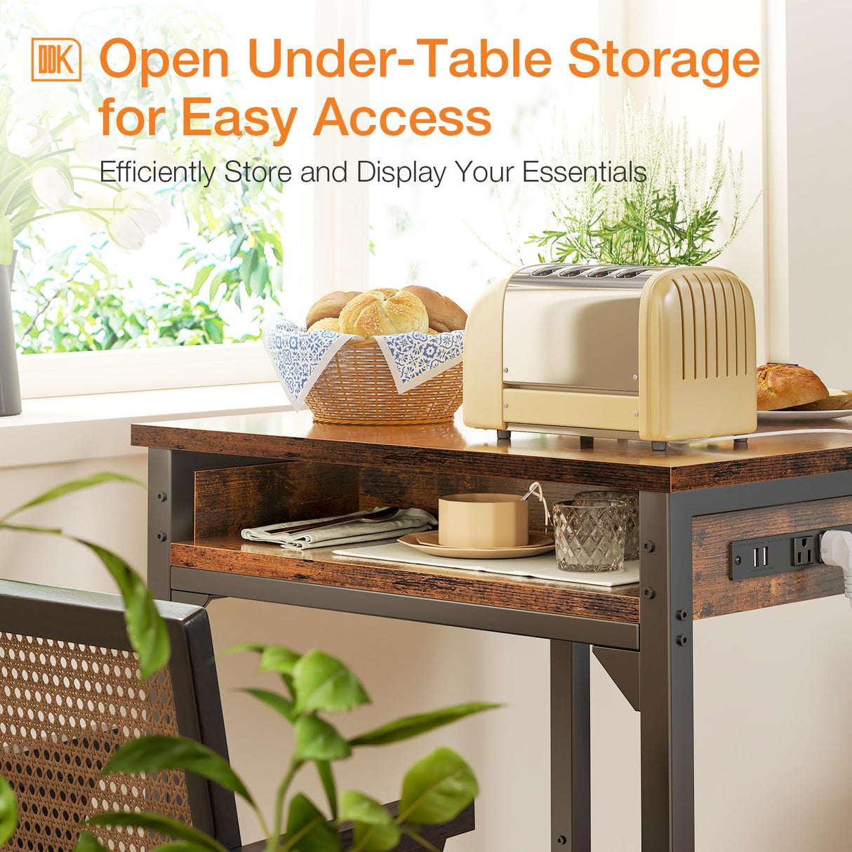 ODK 24 inch Bar Table with Power Outlets, Bar Height Pub Table, Counter Height Bar Table, High Top Kitchen & Dining Counter Tables with Sturdy Legs & Easy-to-Clean Top, Indoor use, Vintage ODK