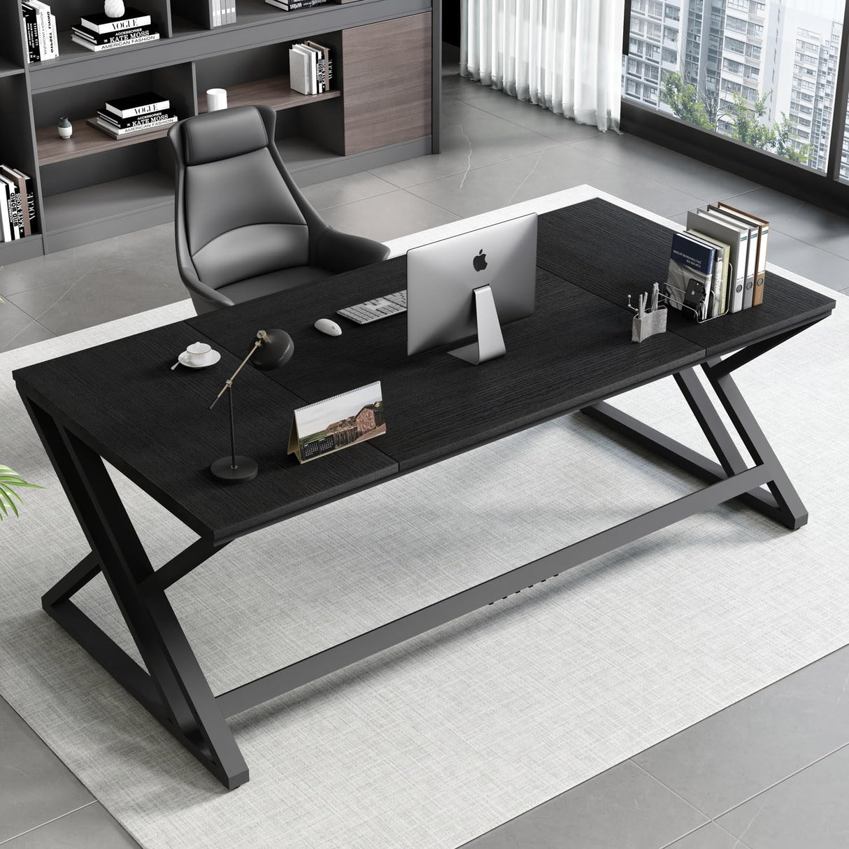 HSH 70.8" Black Computer Desk, Large Modern Workstation Home Office Desk, Long Industrial Study Gaming Work Writing Desk for 2 Person, Farmhouse Double Wood Executive Pc Table with Storage in Bedroom HSH