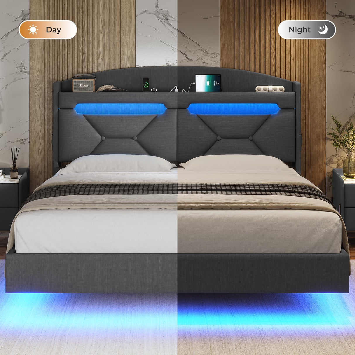 ADORNEVE Full Size Floating Bed Frame with RGB LED Lights and Charging Station, Upholstered Platform Bed Frame with Storage Shelf Headboard, Solid Wood Slats, Noise Free, Easy Assembly, Dark Grey ADORNEVE