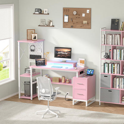 Computer Desk with 2 Fabric Drawers - Reversible Home Office Desk with Power Outlet & LED Lights, 53" Writing Desk with Monitor Stand & Storage Shelves, Gaming Desk Study Table with Pegboard, Pink