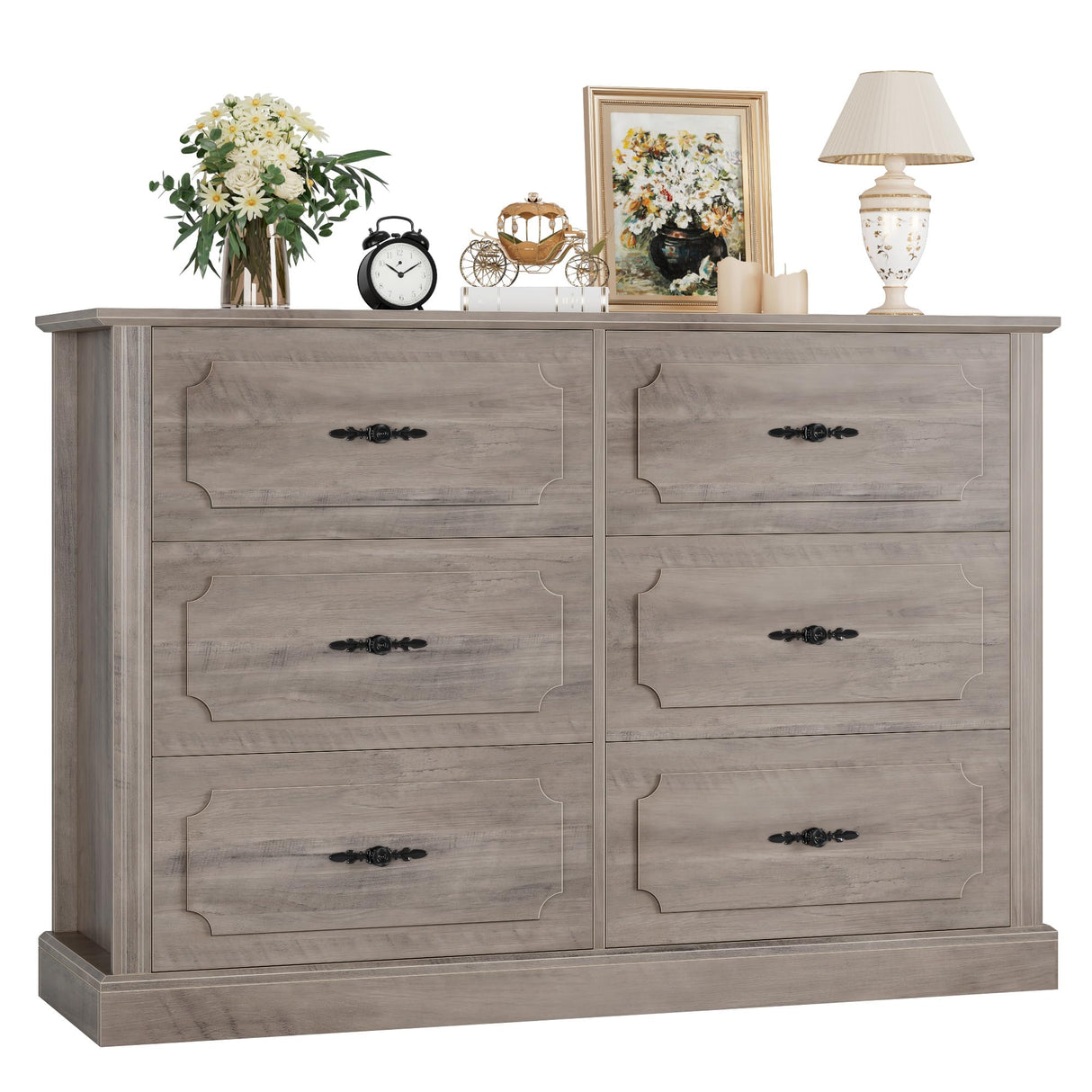finetones Wood Dresser 6 Drawer, 47.2'' Grey Dresser Farmhouse Dresser Chest of Drawers with Designed Drawer Surfaces, Grey Dresser with Deeper Drawer, Ash Grey finetones