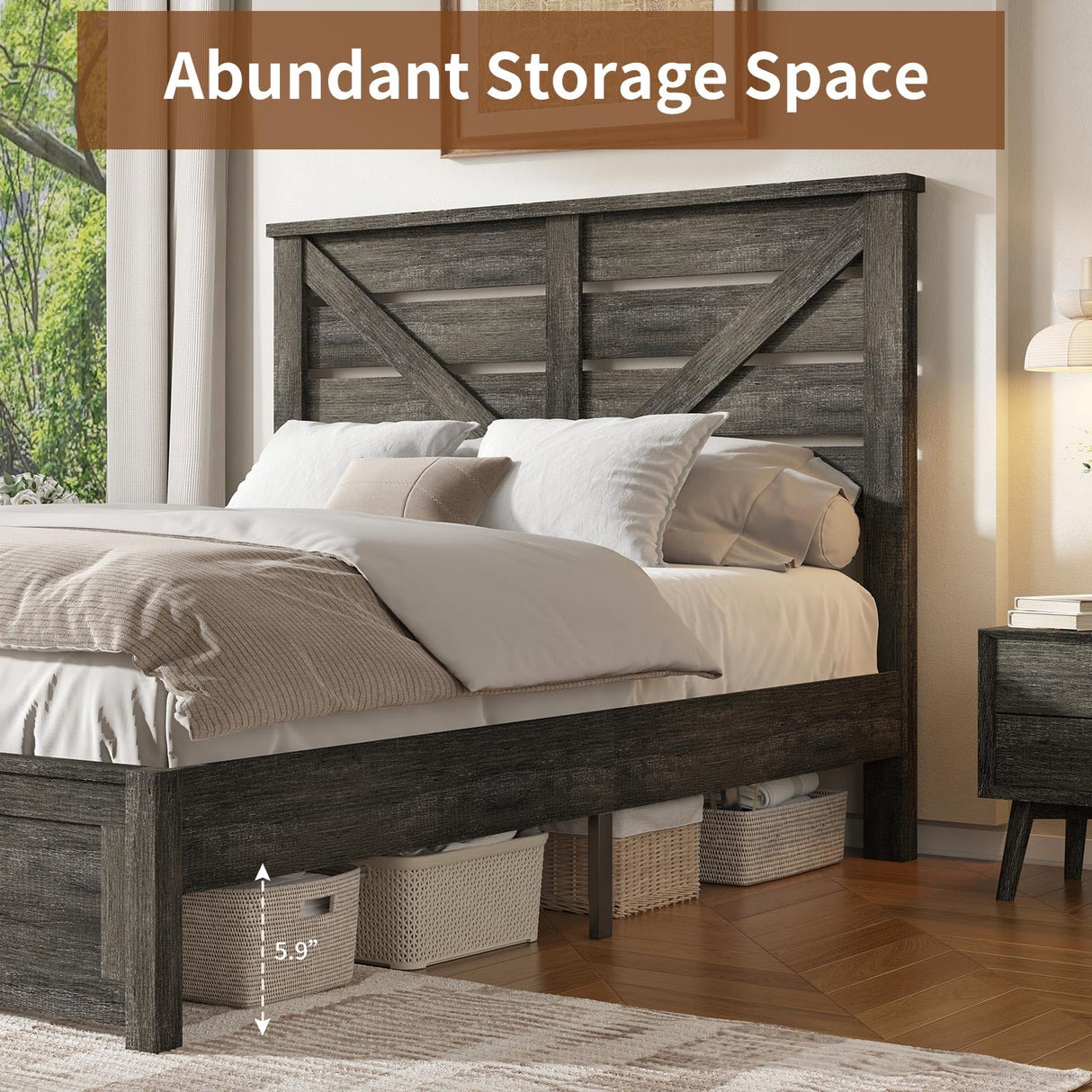 LUXOAK Full Size Farmhouse Wooden Bed Frame, Platform Bed Frame with 49.2" Headboard/No Box Spring Needed/Noisy Free/Easy Assembly/Grey LUXOAK