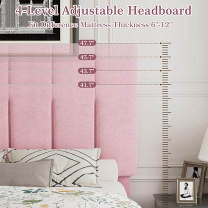 VECELO Full Bed Frame with Upholstered Headboard, Heavy-Duty Platform Bedframe with Strong Wooden Slats Support, No Boxing Spring Needed, Pink