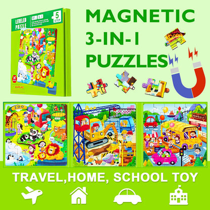 Magnetic Puzzles for Kids Ages 4-8, 3 in 1 Cartoon Jigsaw Puzzle Book, Kids Travel Puzzles Toys, Preschool Learning Toy for Kids 3-8 Year (Green Zoo)