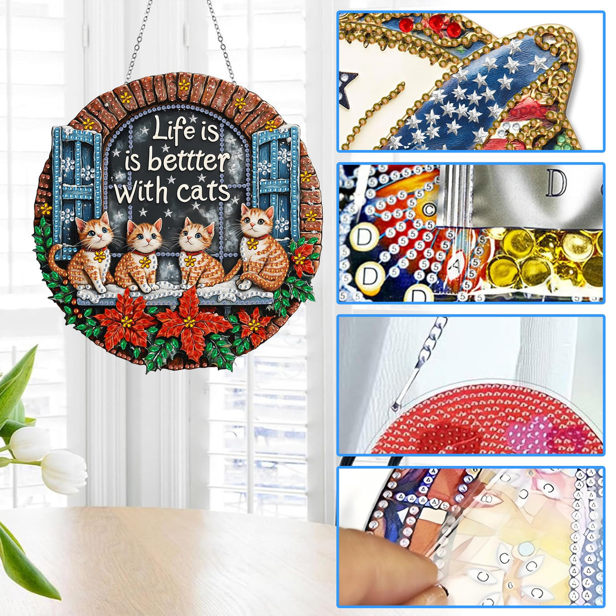 Reofrey Hanging Diamond Art Kits for Adults - 8x8 Inch Christmas Cat Acrylic Board Double Sided Pattern Diamond Art Suncatcher Pendant, DIY Crystal Art for Home Wall or Window Decoration Handmade Gift Reofrey