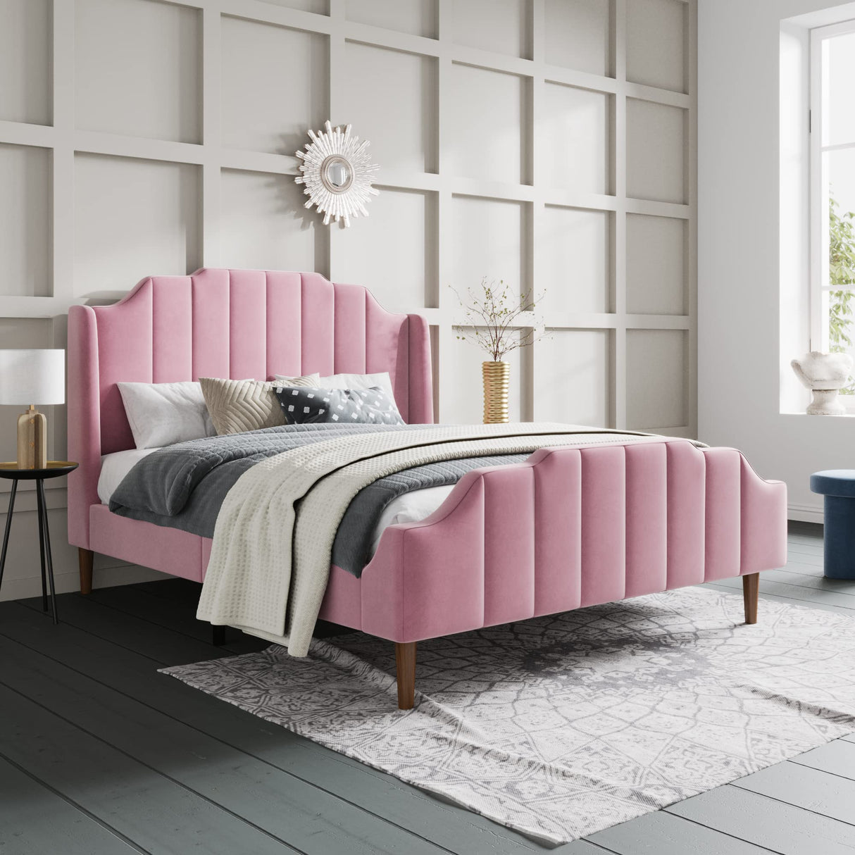 SHA CERLIN Upholstered Queen Size Bed Frame with Modern Curved Velvet Wingback Headboard, Heavy Duty Wood Platform Bed with Strong Wood Slat Support, No Box Spring Needed, Pink SHA CERLIN