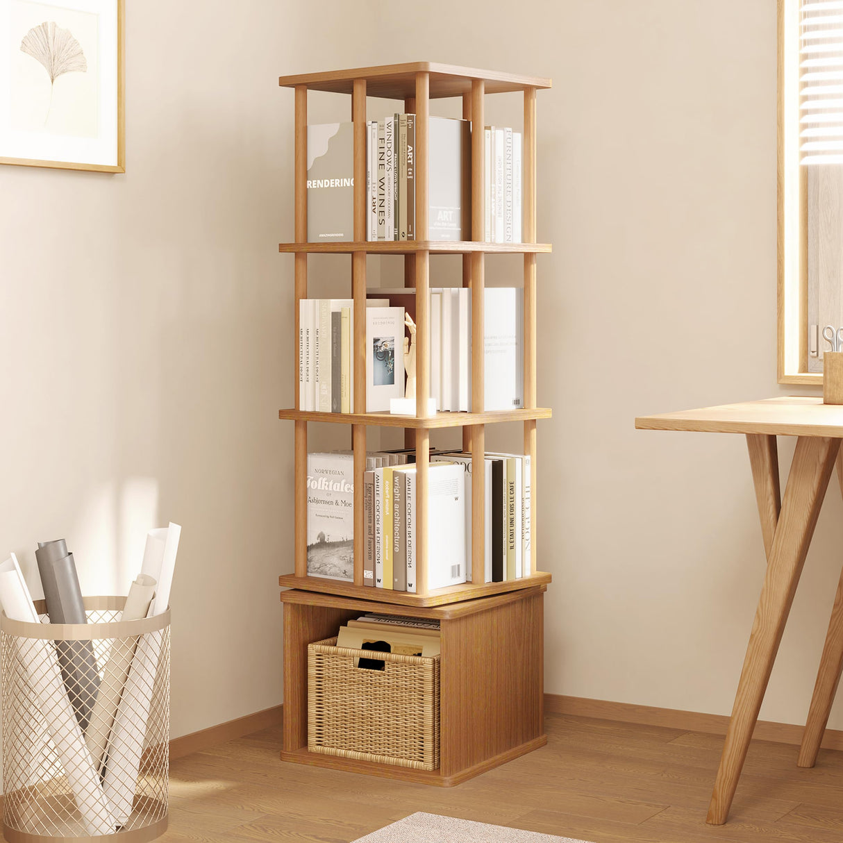 IOTXY 4-Tier Rotating Bookshelf Tower - Beech Wood Frame Spinning Bookcase with Storage Base, Tall Freestanding Revolving Shelf Organizer, Oak IOTXY