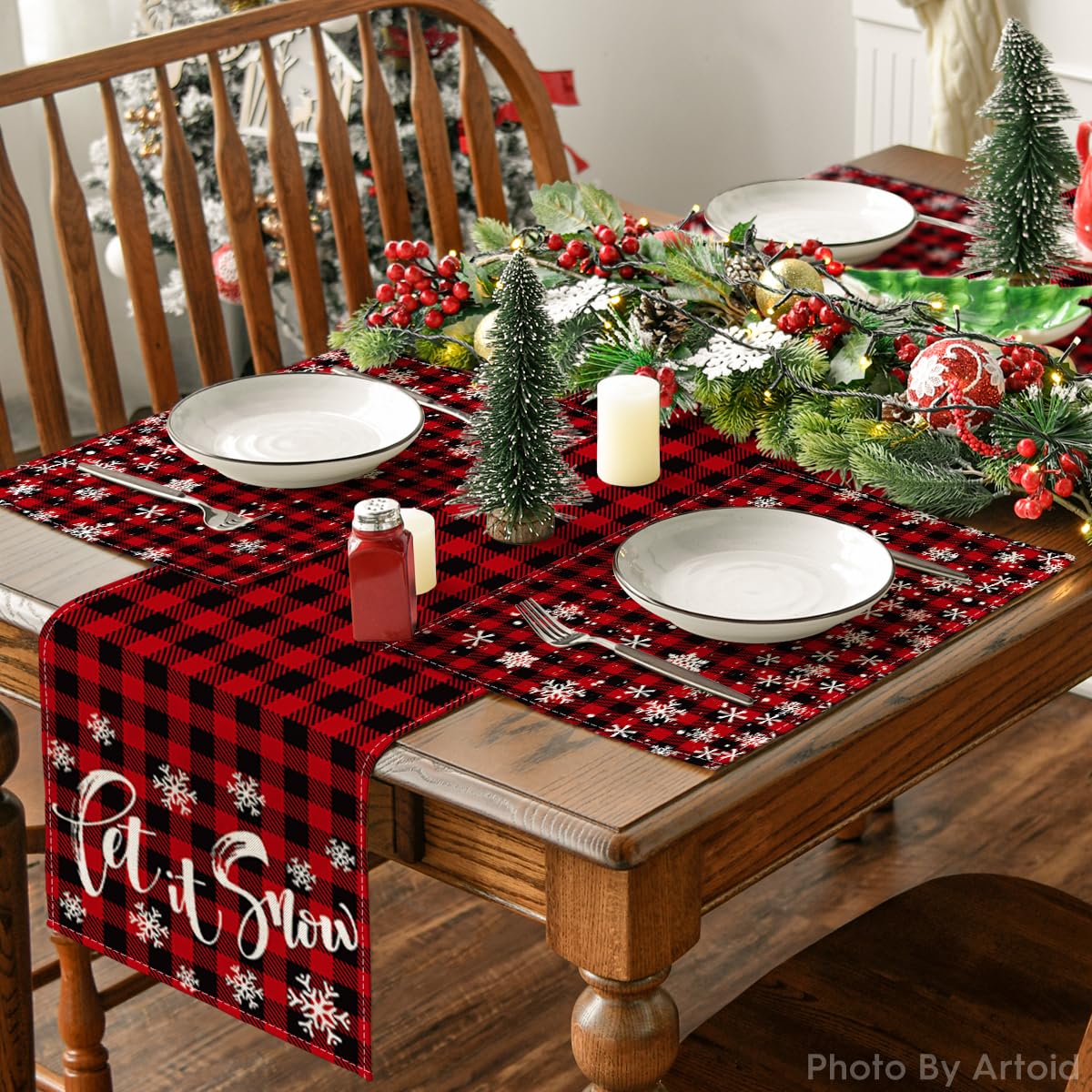 Artoid Mode Red and Black Buffalo Plaid Christmas Placemats for Dining Table, 12 x 18 Inch Seasonal Winter Xmas Snowflakes Holiday Rustic Vintage Thanksgiving Washable Table Mats Set of 4 Artoid Mode