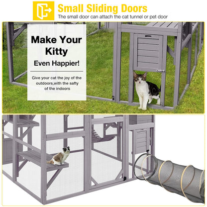 Aivituvin Catio Cat Enclosure Outdoor Cat Catio Large Cat Run with Bridges, Walks, Small Houses, Roof Cover 28.27ft