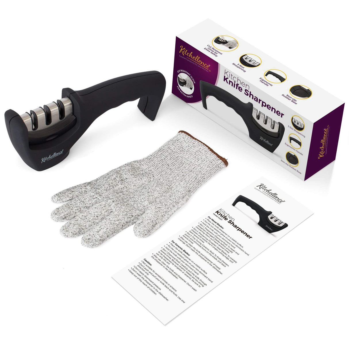 4-in-1 Kitchen Knife Accessories: 3-Stage Knife Sharpener Helps Repair, Restore, Polish Blades and Cut-Resistant Glove (Black) KITCHELLENCE
