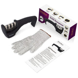 4-in-1 Kitchen Knife Accessories: 3-Stage Knife Sharpener Helps Repair, Restore, Polish Blades and Cut-Resistant Glove (Black) KITCHELLENCE