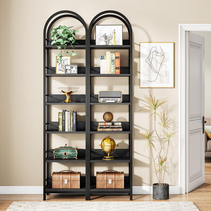 Tribesigns 78.7" Arched Industrial Wood 6-Tier Bookshelf with Metal Frame - Black Storage Organizer - WoodArtSupply