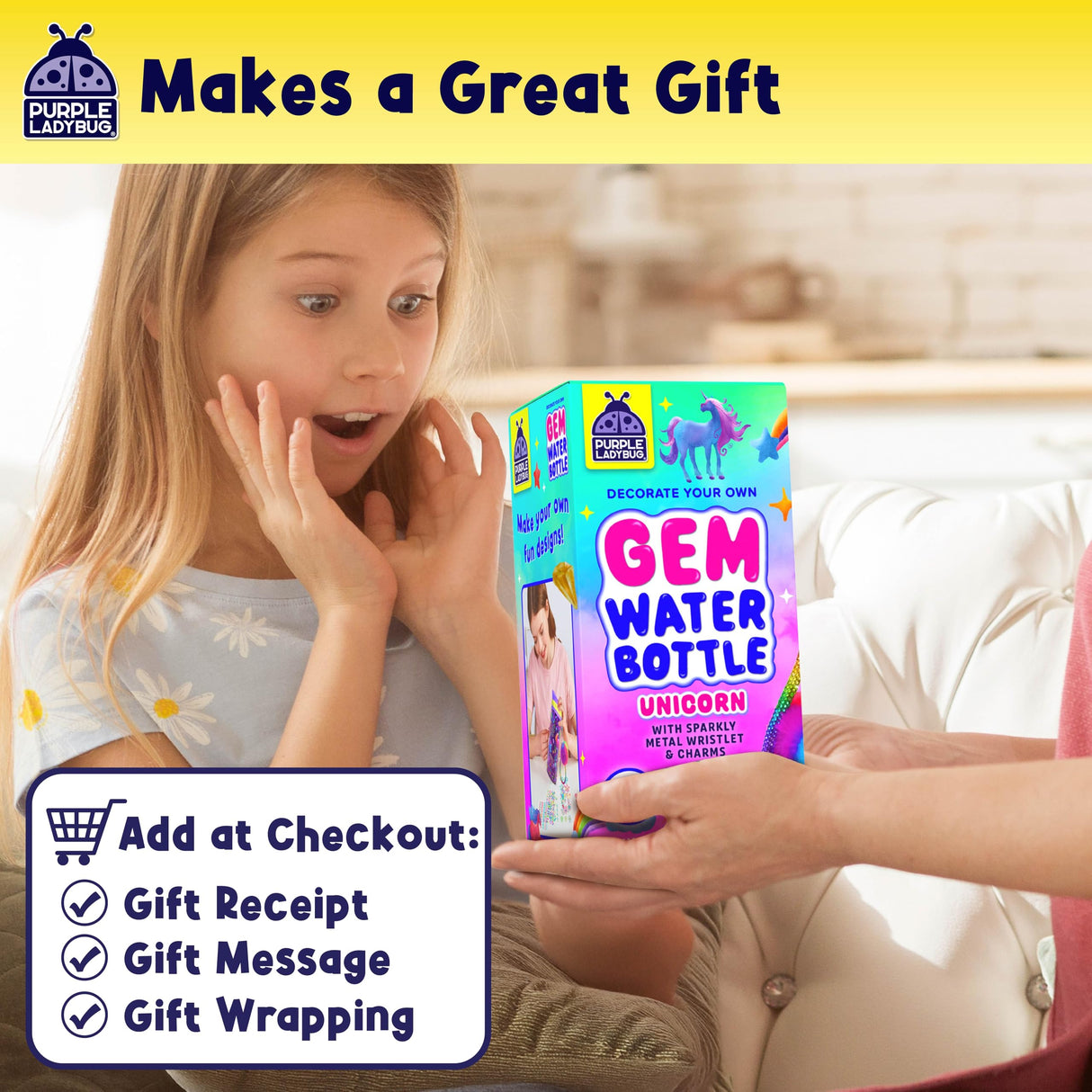 PURPLE LADYBUG Decorate Your Own Water Bottle Kit for Girls - Unicorn Design with Glitter Gem Stickers, Gifts for Girls Ages 5-8-10 Years Old Birthday, Fun Craft for Kids, Water Bottle for School PURPLE LADYBUG