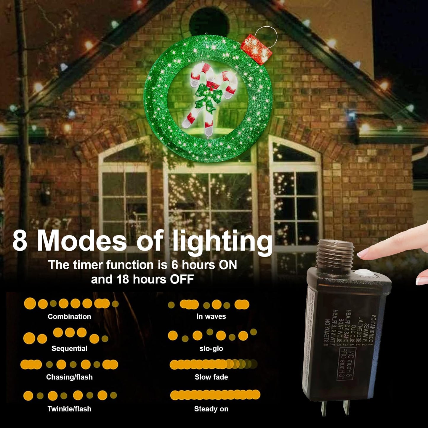 Zcdl Lamp 36 inch Outdoor Christmas Wreath with Lights, 8 Modes Lighted Wreath for Front Door, 120 LED Prelit Metal Wreath with Candy Cane, Lit Wreath for Yard Garden Outdoor Christmas Decor, Plug in