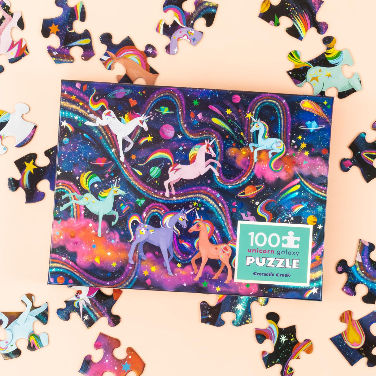 Crocodile Creek 100-Piece Jigsaw Puzzle for Kids Ages 5 and Up - Fun and Educational Table or Floor Holographic Foil Puzzle - Heavy-Duty Box for Storage - Unicorn Galaxy - 24" x 18" Finished Crocodile Creek