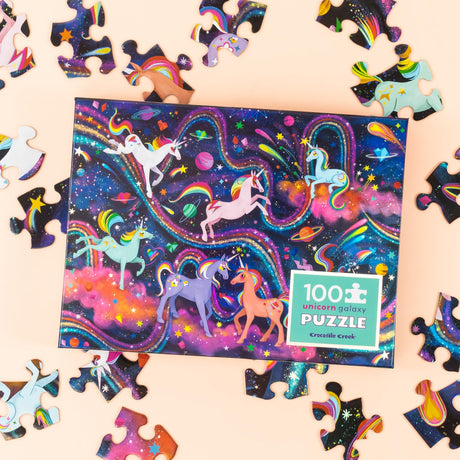 Crocodile Creek 100-Piece Jigsaw Puzzle for Kids Ages 5 and Up - Fun and Educational Table or Floor Holographic Foil Puzzle - Heavy-Duty Box for Storage - Unicorn Galaxy - 24" x 18" Finished Crocodile Creek