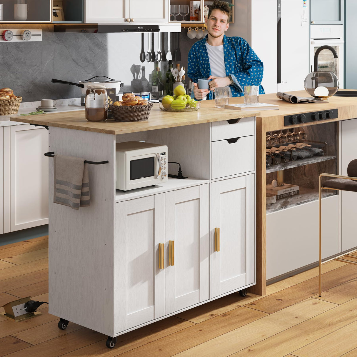 ASTRONAPE Rolling Mobile Kitchen Island Cart Bar with Drawer and Desktop Drop Leaf Countertop, Island Table Storage with 5 Wheels, Rolling Kitchen Cabinet with Power Socket and Towel Rack ASTRONAPE