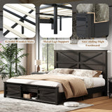 LUXOAK Farmhouse Queen Size Bed Frame with Sliding Barn Door Storage, 49" Tall Headboard Wood Bed Frame, Rustic Platform Bed Frame Wooden Slats & Metal Support, No Box Spring Needed, Deep Brown LUXOAK