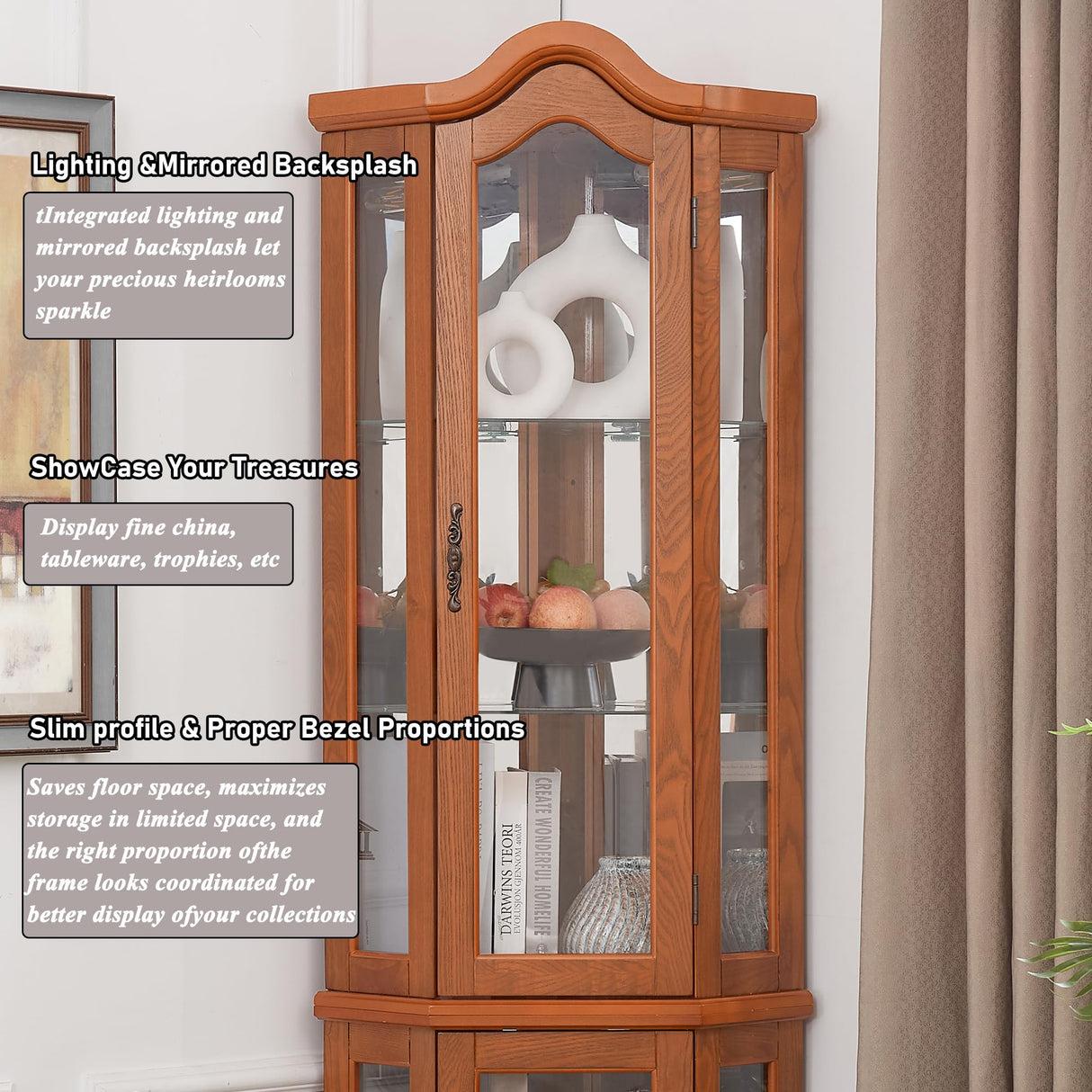 XZTUAJ 66" H Lighted Corner Curio Cabinet, 5 Tier Glass Display Cabinet with Adjustable Shelves and Mirror Back Panel, Corner Curio Storage Rack Wood Display Case for Living Room & Kitchen (Oak) XZTUAJ