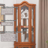 XZTUAJ 66" H Lighted Corner Curio Cabinet, 5 Tier Glass Display Cabinet with Adjustable Shelves and Mirror Back Panel, Corner Curio Storage Rack Wood Display Case for Living Room & Kitchen (Oak) XZTUAJ