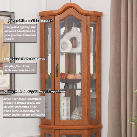 XZTUAJ 66" H Lighted Corner Curio Cabinet, 5 Tier Glass Display Cabinet with Adjustable Shelves and Mirror Back Panel, Corner Curio Storage Rack Wood Display Case for Living Room & Kitchen (Oak) XZTUAJ
