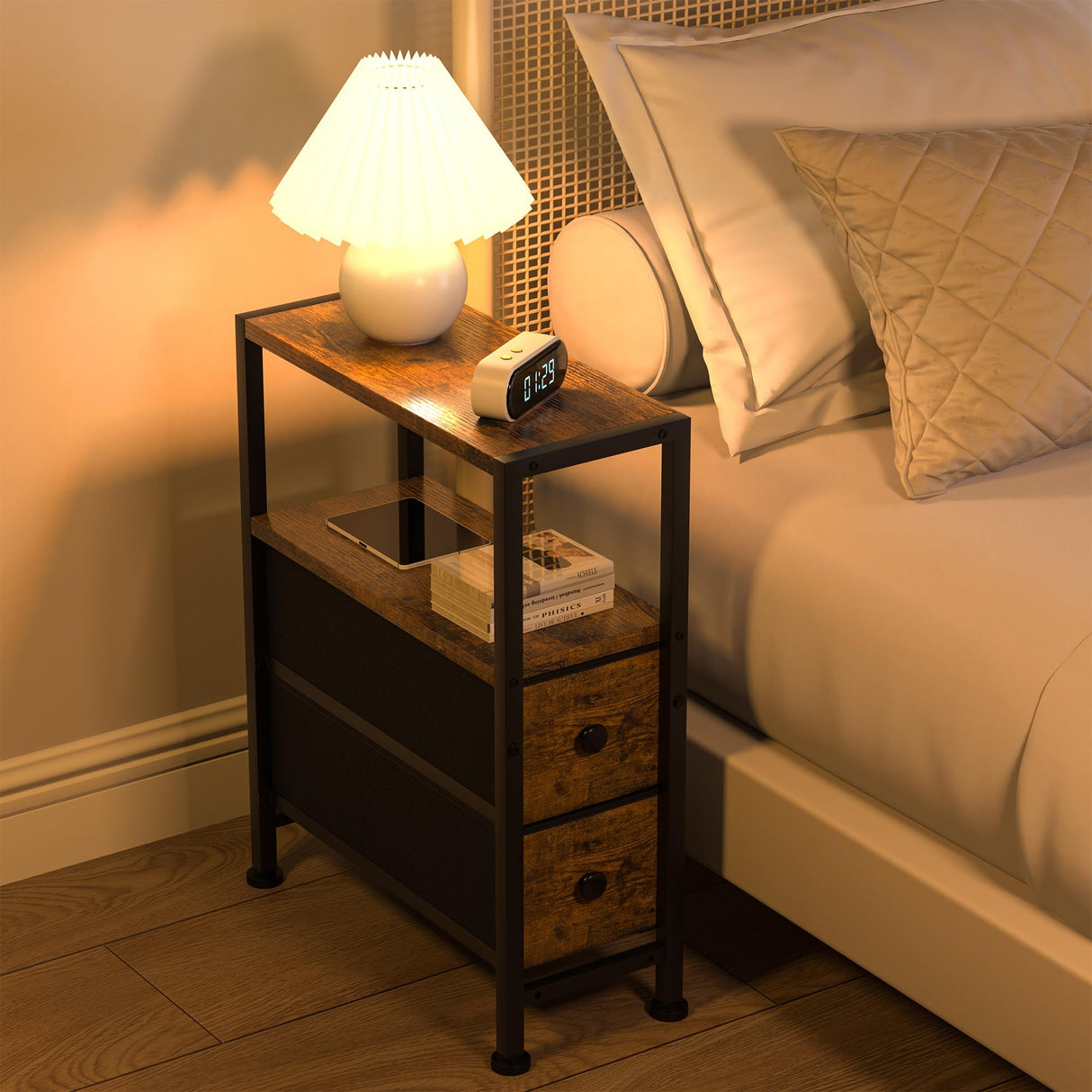 Small Narrow Side Table with Drawers, Skinny End Table for Small Spaces, Slim Nightstand with Storage, Sofa Bedside Table in Living Room, Bedroom, Study, Kitchen and Balcony (Rustic Brown) Homedawn