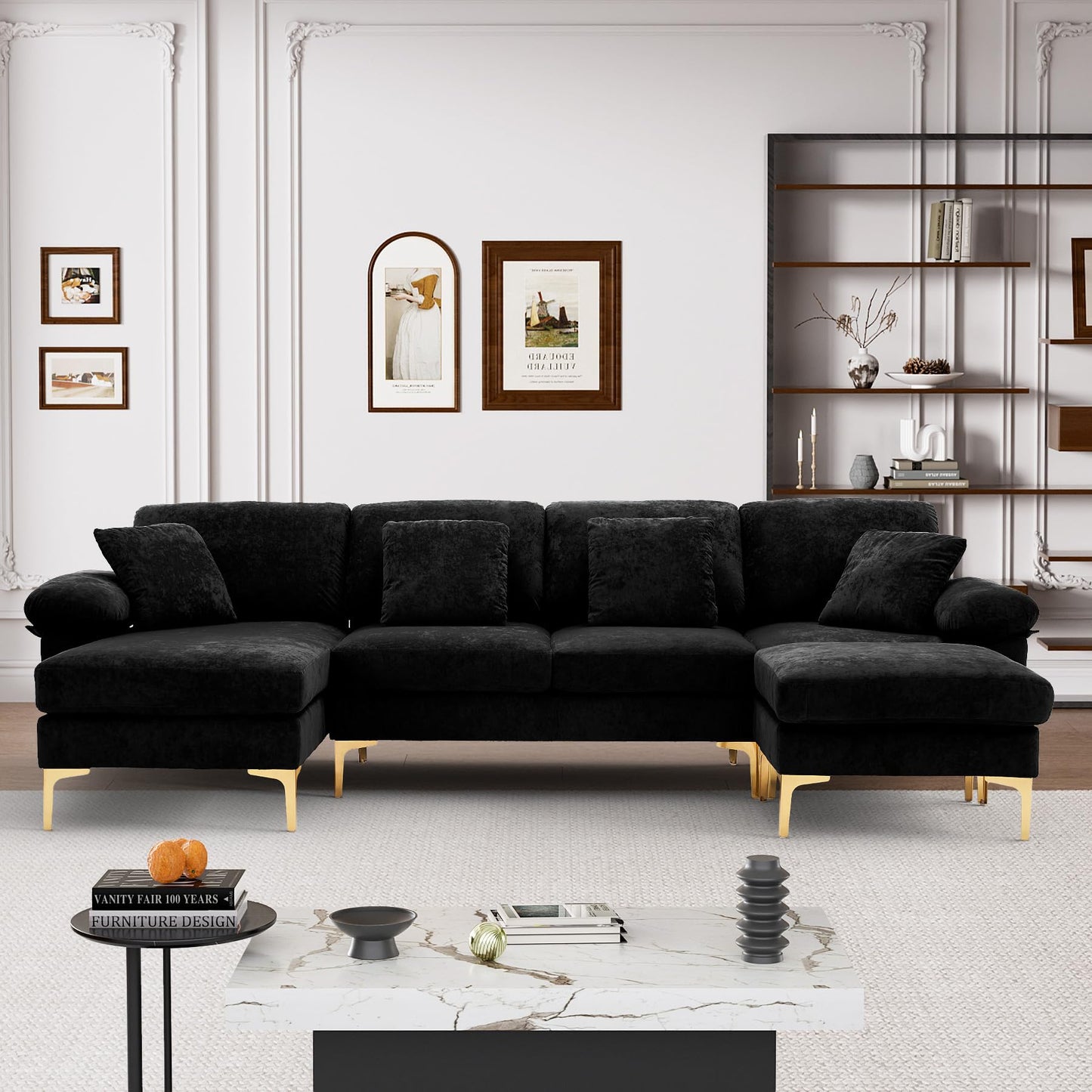 Wrofly U Shaped Sectional Sofa Couch, 114" Convertible L Shaped Sofa with Chaise Lounge & Ottoman, Modern Oversized Modular 4 Seat Sleeper Sofa Set for Living Room Office, Jet Black Velvet