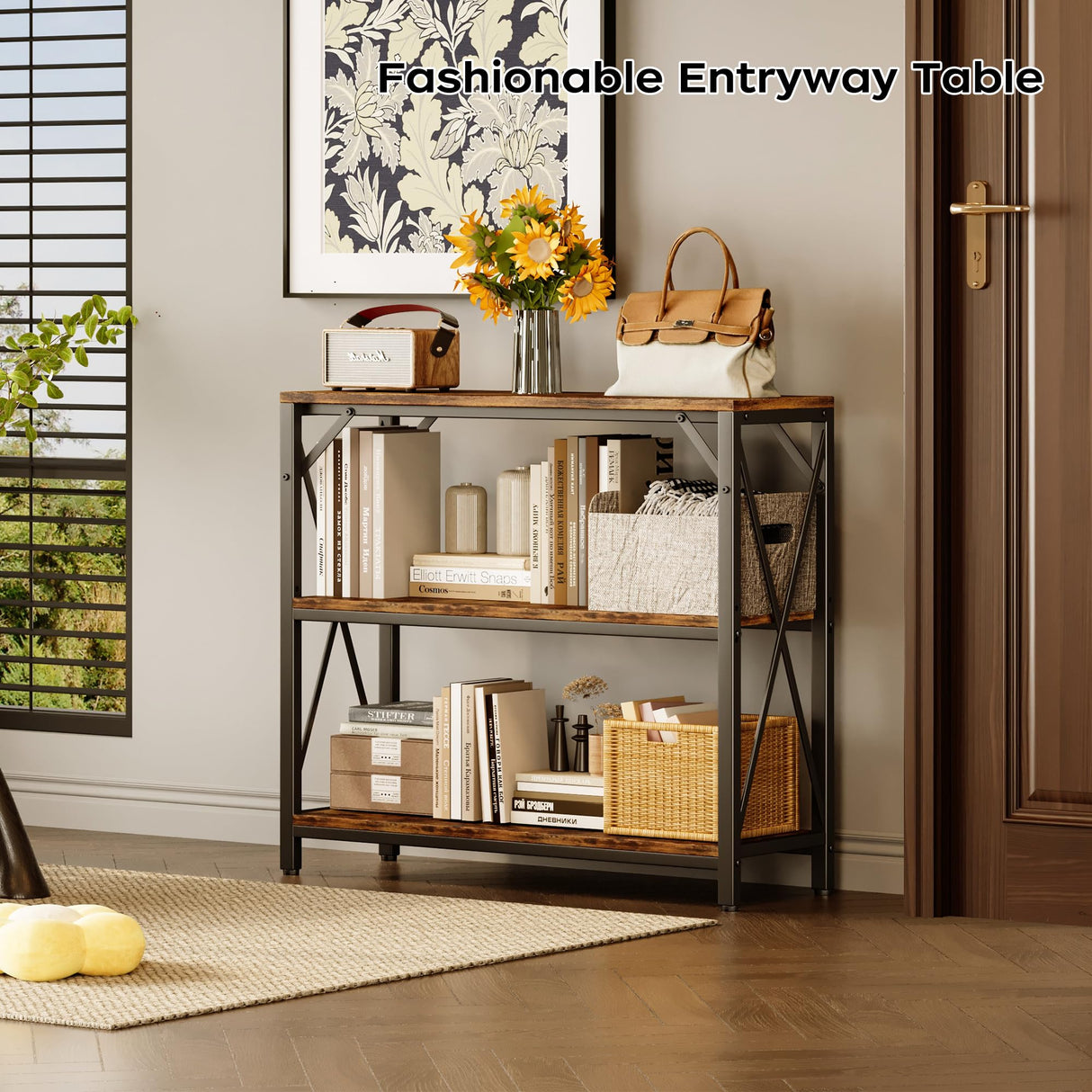 Homeiju Console Table 31.5" Width, 3-Tier Entryway Table with Storage, Industrial Sofa Table with Open Shelves, Foyer Tables for Entryway, Hallway, Kitchen, Living Room and Bedroom, Rustic Brown Homeiju