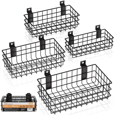 INCLY 4 Pack Black Slatwall Baskets Set, Ventilated Metal Hanging Storage Slat Wall Basket, Mounted Slatwall Accessories for Garage Rooms Shops Storage Organizing Display on Slatwall Panels INCLY