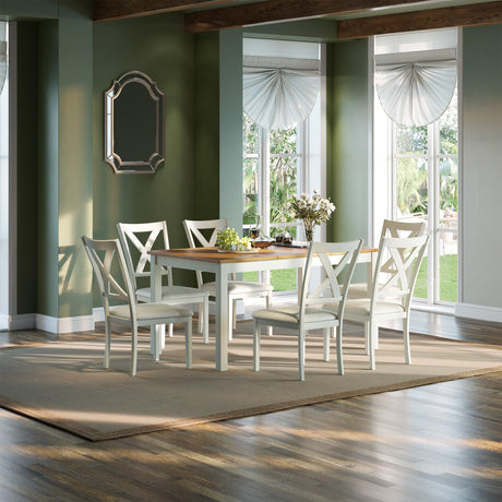 AMERLIFE 7-Piece Farmhouse Solid Wood Dining Table Set with 6 Upholstered Chairs, 60" Space Saving Dinner Table & Chairs Set, for Dining Room, Kitchen, Restaurant, Brown & White AMERLIFE
