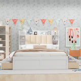 P PURLOVE Queen Storage Bed Frame with Upholstered Headboard, Shelves and 4 Drawers in White P PURLOVE