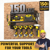 Spacecare Power Tool Organizer, Drill Holder Wall Mount with 2 Side Pegboards with Hooks, 3 Layer Garage Organization Floating Cordless Heavy Duty Tool Organizers Utility Rack for 4Drill Holders Black SPACECARE