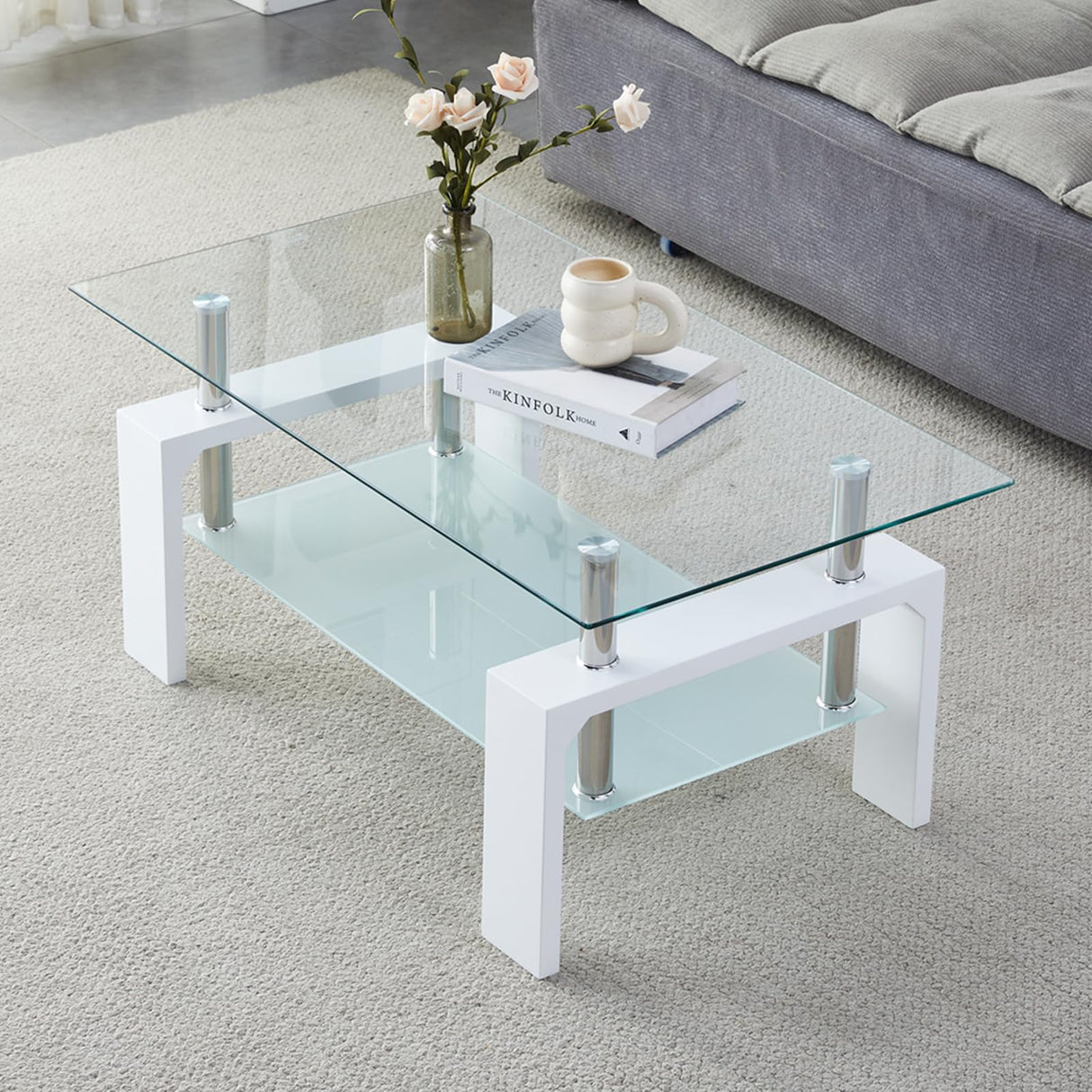 Kebynti Coffee Table - Rectangle Glass Coffee Table with Simple and Classical Inspired Design, Easy Assembly for Modern Living, 39.5 * 23.5 * 17.5 inches (White) Kebynti