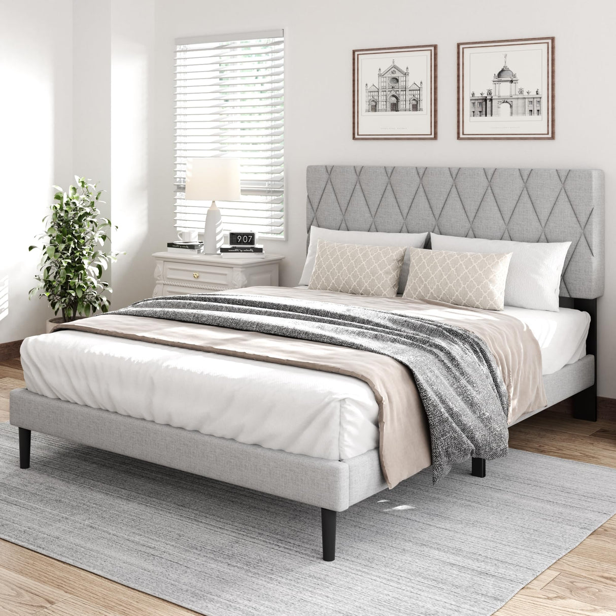 CXVX Full Size Bed Frame with Diamond Tufted Headboard, Linen Upholstered Platform Bed and Wooden Slat Support, Noise-Free, No Box Spring Needed, Easy Assembly, Light Grey CXVX