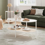 Boho Rattan Coffee Table with Glass Top, 2-Tier Oval Center Table with Metal Frame & Storage Shelf, Rustic Farmhouse Living Room Accent Tea Table for Apartment, Bedroom, Office White IDEALHOUSE