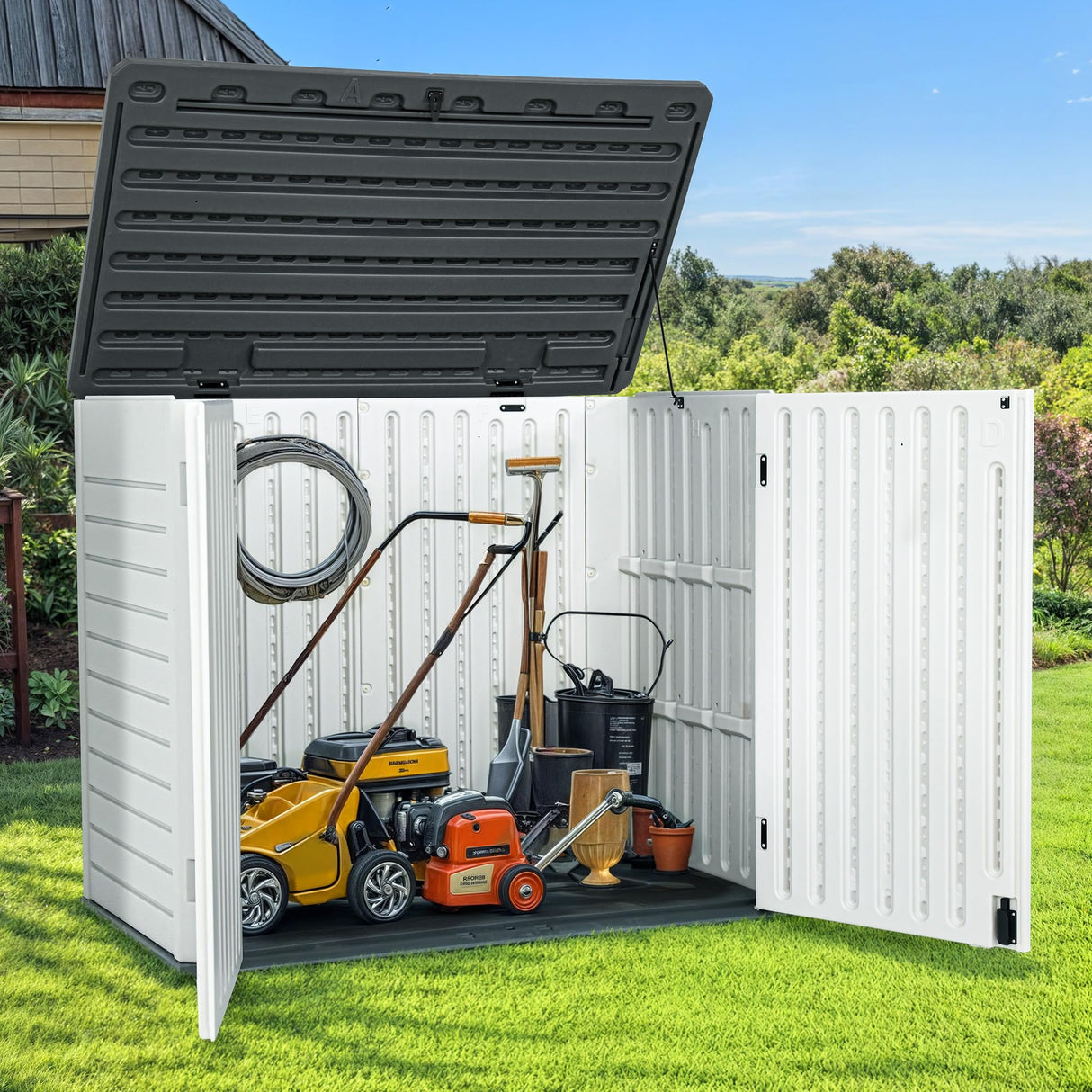GOOBED Horizontal Shed with Padlock Latch, Outdoor Storage Shed for Backyard and Garden, 35 Cu Ft Small Storage, Waterproof, Easy Assembly, Light Gray GOOBED