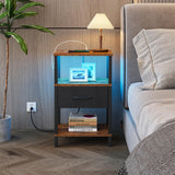 VIMBER Nightstand Set of 2, Adjustable LED Side Table with Charging Station and Fabric Drawer,Beside Table with Open Compartment for Living Room, Easy Assemble, 3 Tier End Table for Bedroom, Brown VIMBER