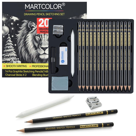 MARTCOLOR Drawing Sketching Pencil Set, 20 Pieces, Graphite Pencils (14B-4H), Charcoal Sticks, Stump, Eraser, Sharpeners, Ideal for Drawing Art, Sketching, Artist Pencils for Beginners & Pro Artists MARTCOLOR