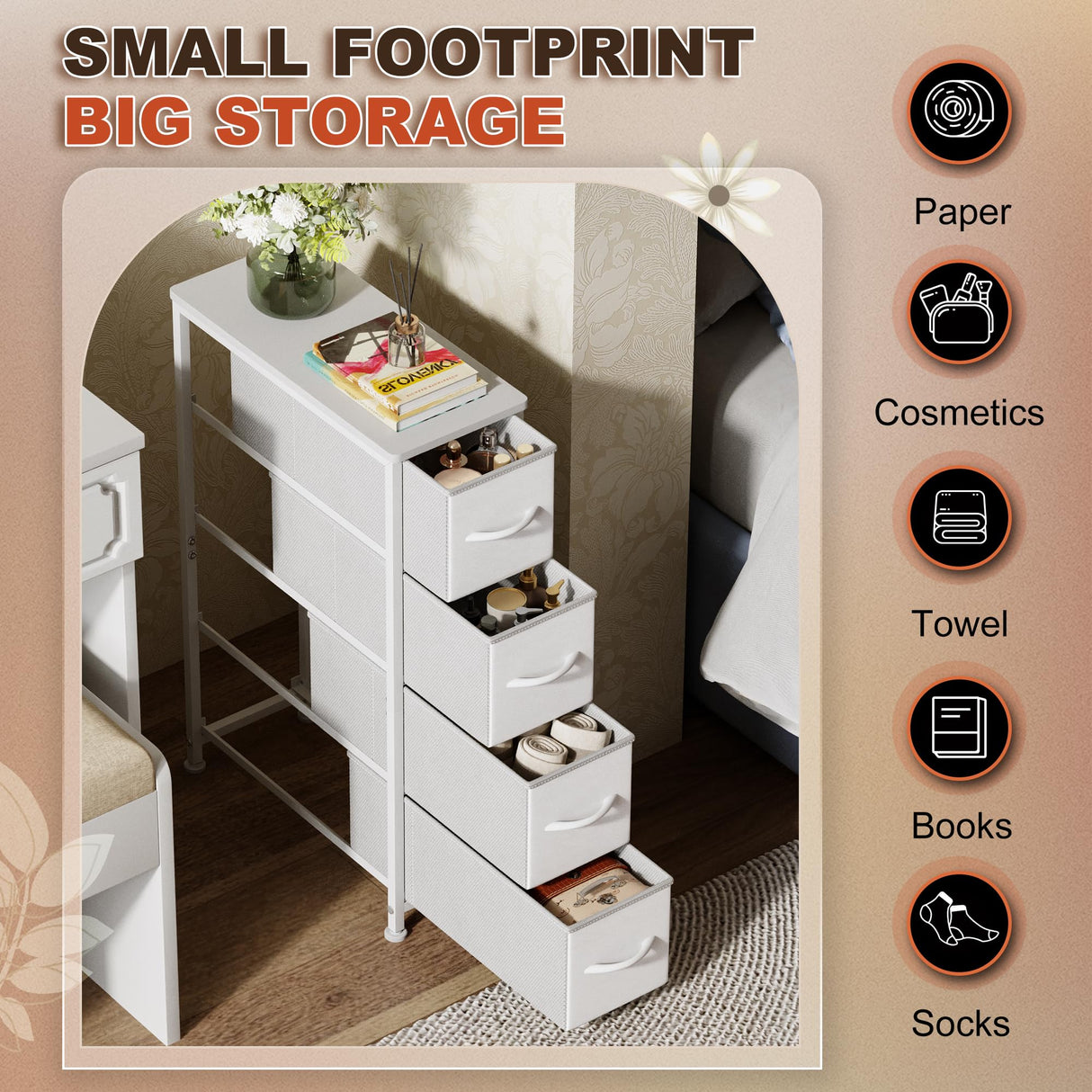 EKNKOZY Narrow Dresser Storage Tower with 4 Drawers, Slim Dresser Chest of Drawers with Steel Frame, Wood Top, Dresser for Bedroom, Bathroom, Small Spaces, Laundry, Closet (White) EKNKOZY