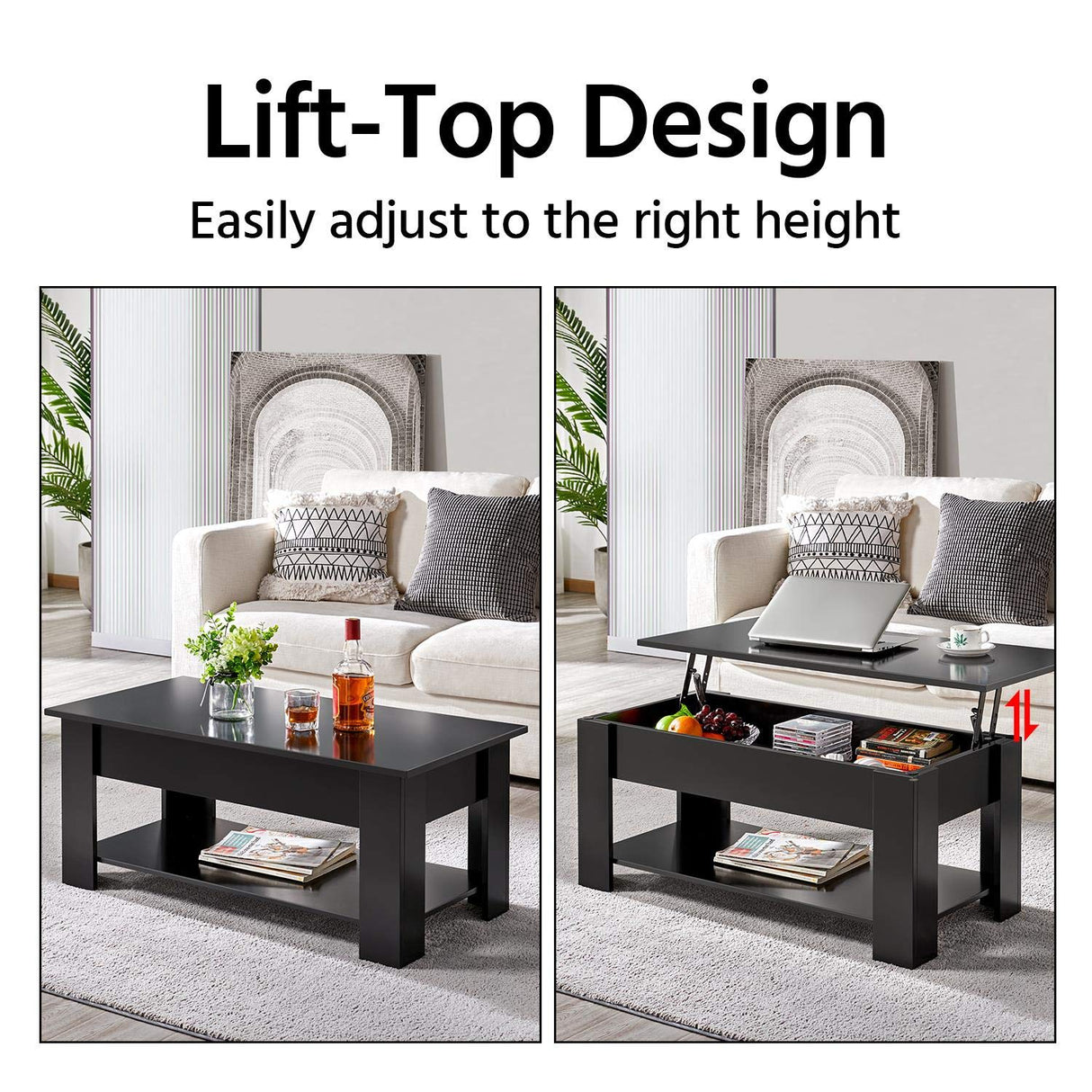 Yaheetech Modern Living Room 3 Pieces Table Sets, Lift Top Coffee Table and End Table Sets for Home and Office, Easy Assembly Accent Furniture with Hidden Compartment and Open Storage Shelf, Black Yaheetech