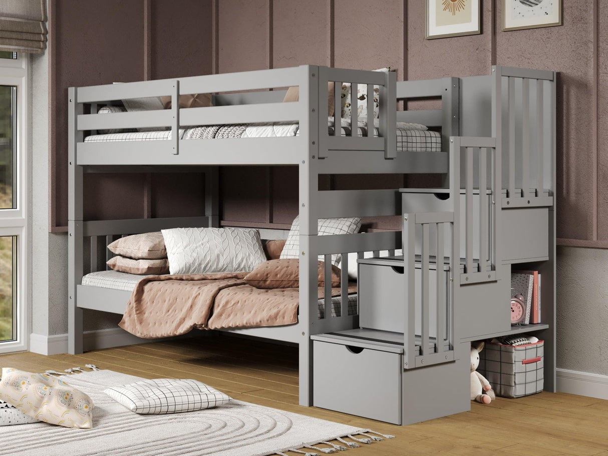 Bedz King Stairway Bunk Beds Twin over Twin with 3 Drawers in the Steps, Gray Bedz King