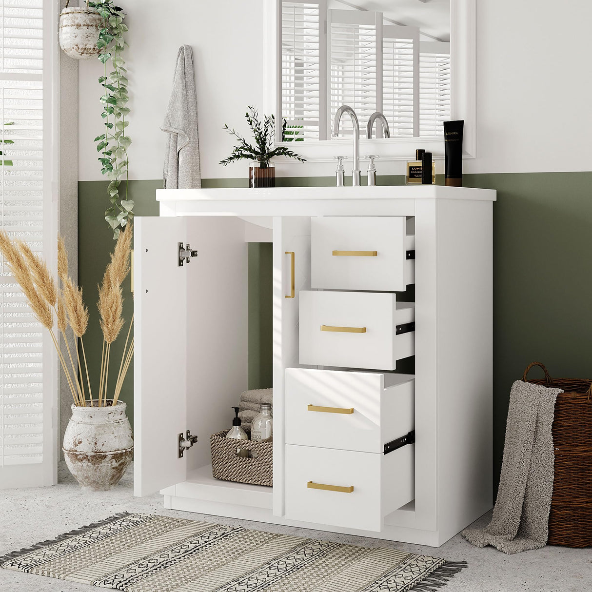 Virubi 30 Inch Bathroom Vanity with Ceramic Sink, Traditional Bathroom Storage Cabinet with 3 Drawers and 2 Chevron Front Doors, Solid Wood Frame Bathroom Vanities Virubi