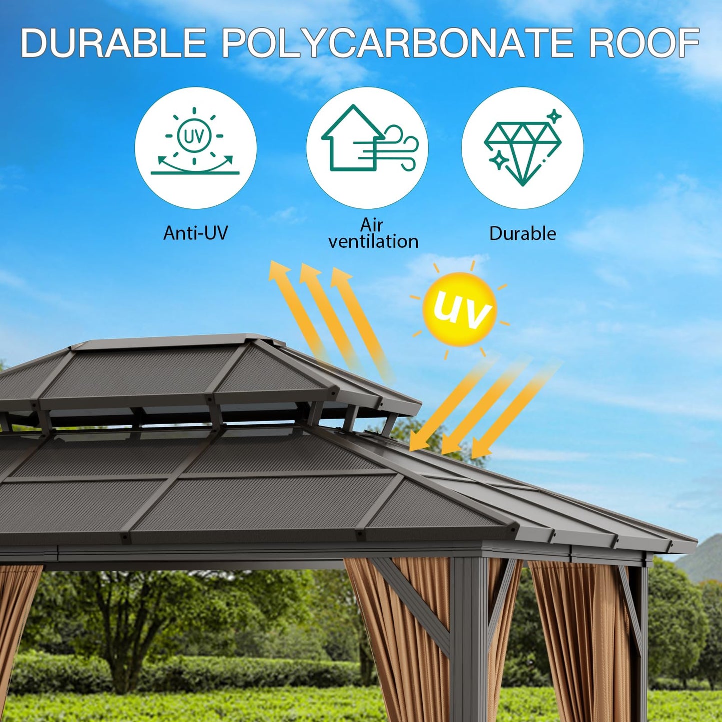 GarveeLife 10x12ft Hardtop Gazebo, Outdoor Polycarbonate Double Roof Canopy, Aluminum Frame Permanent Pavilion with Curtains and Netting, Sunshade for Garden, Patio, Lawns (Brown)